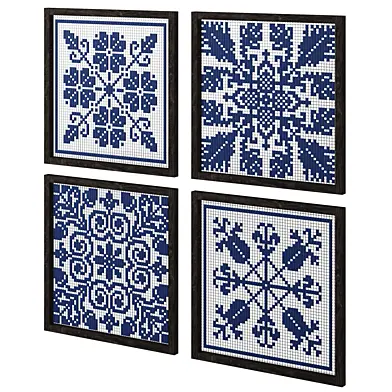 Set of wall panels made of threads with geometric patterns