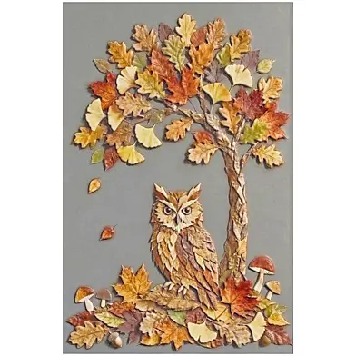 Bas-relief plaster stucco wall decorative panel autumn leaf herbarium with an owl