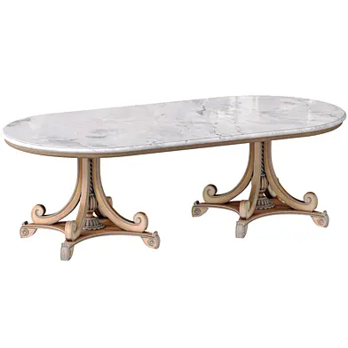 Large oval dining table with a white marble tabletop on two carved wooden supports