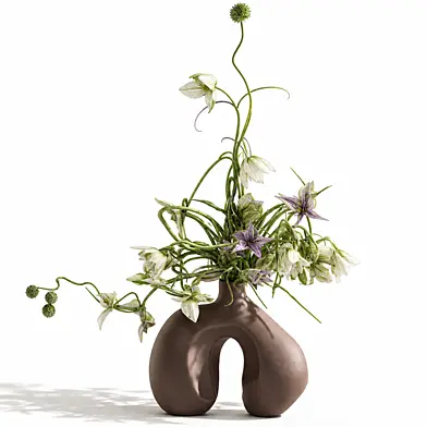 101 Copenhagen Minimalist bouquet of white flowers in a modern brown bubble vase with Clematis, Lomonos, Fritillaria. Set 867