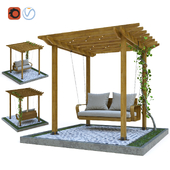 Wooden pergola with hanging sofa
