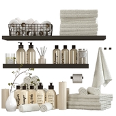 Bathroom decor with towels, shelves, cosmetics