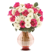 Luxurious Floral Bouquet with Pink Roses and White Daisies in a Ribbed Glass Vase