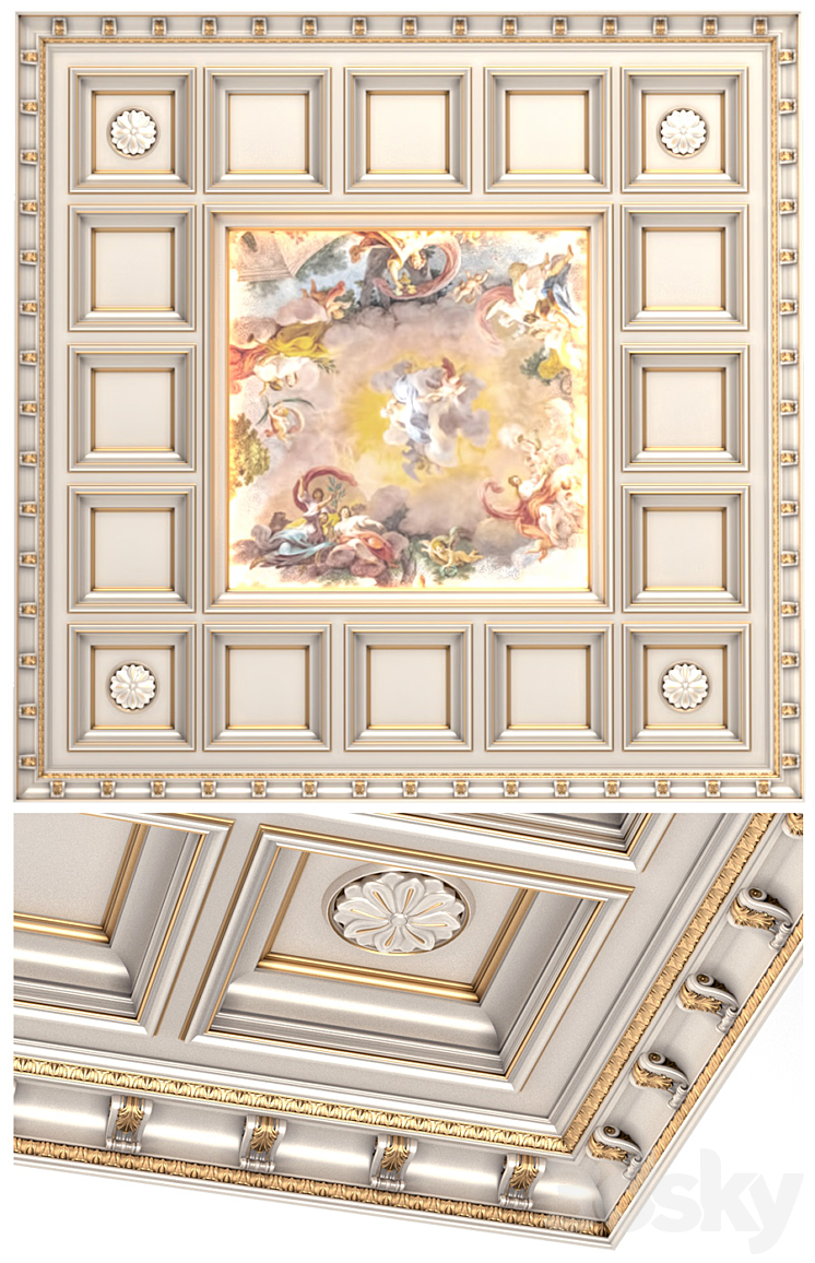 Classical coffered ceiling with a fresco.Coffers Tile - Other ...