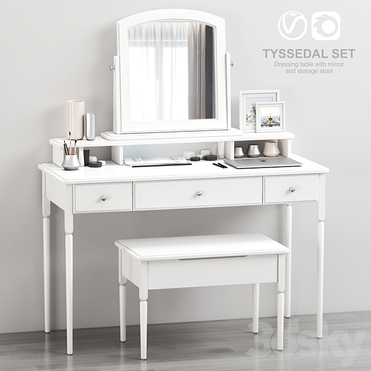 IKEA TYSSEDAL Dressing table with mirror and storage stool white Dressing table 3D model