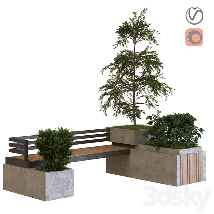 plants tree set (bench) 027 - Urban environment - 3D model