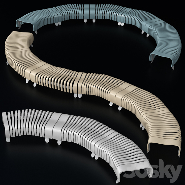 Modular curved and straight bench - Urban environment - 3D model
