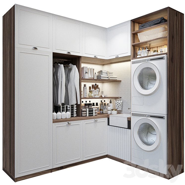 Modern laundry room in white with appliances, cosmetics and shirts ...