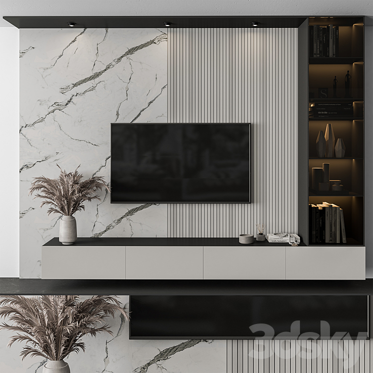 TV Wall white Wall and Black Set 45 TV Wall 3D model