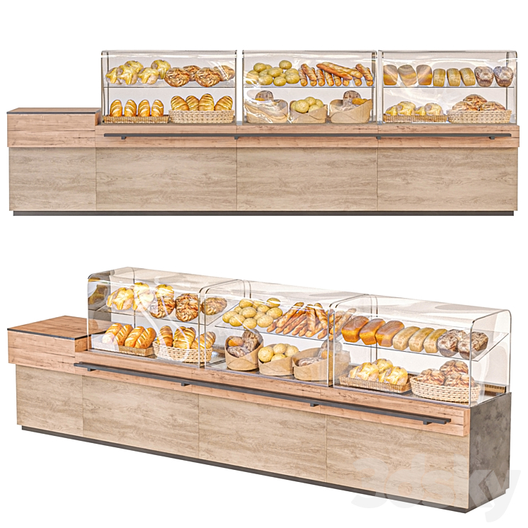 Showcase with pastries, bread and sweets - Restaurant - 3D model