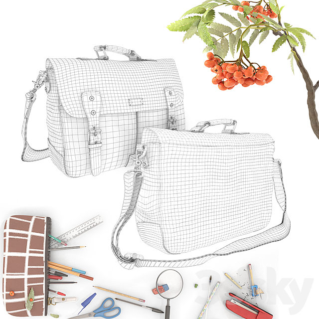 School bag and stationery 3ds Max - thumbnail 3